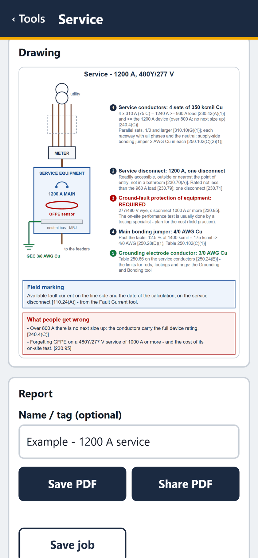Service screen: The one-line: 4 sets of 350 kcmil, GFPE required, MBJ 4/0, GEC 3/0, the field marking and what people get wrong.
