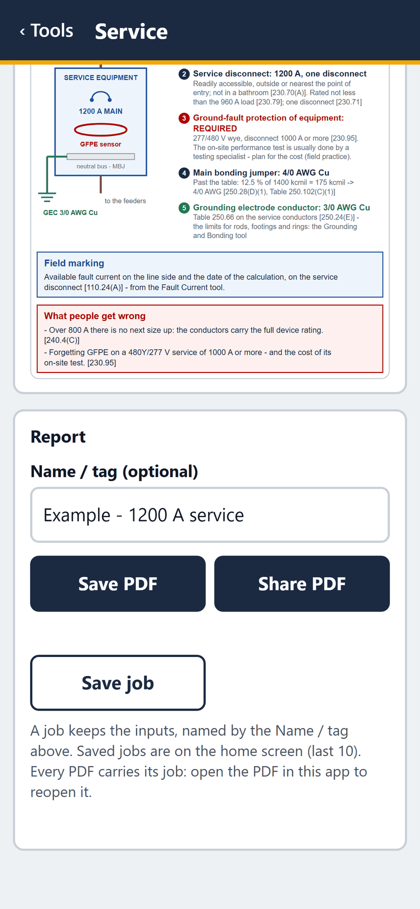 Service screen: The report: save or share the PDF, or save the job.