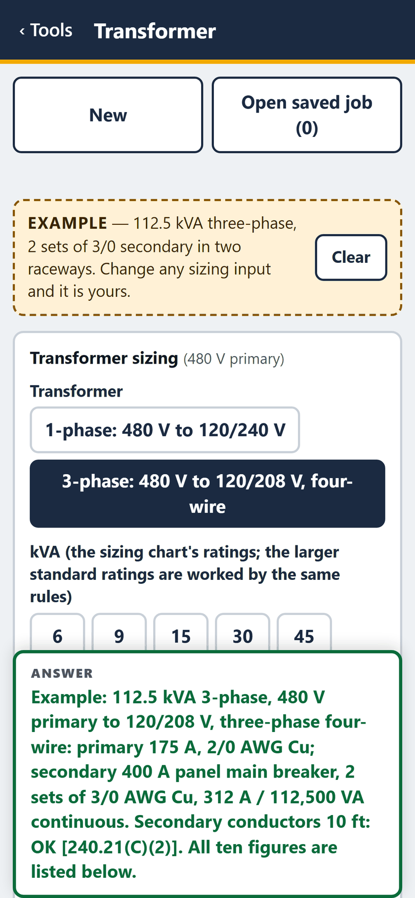 Transformer screen: The example opens filled in: 112.5 kVA three-phase, 480 V to 120/208 V, with the answer pinned at the foot of the screen.
