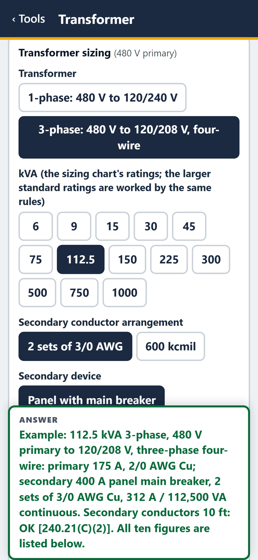 Transformer screen: 112.5 kVA picked from the chart's ratings, the secondary as 2 sets of 3/0 AWG, and a panel with main breaker.