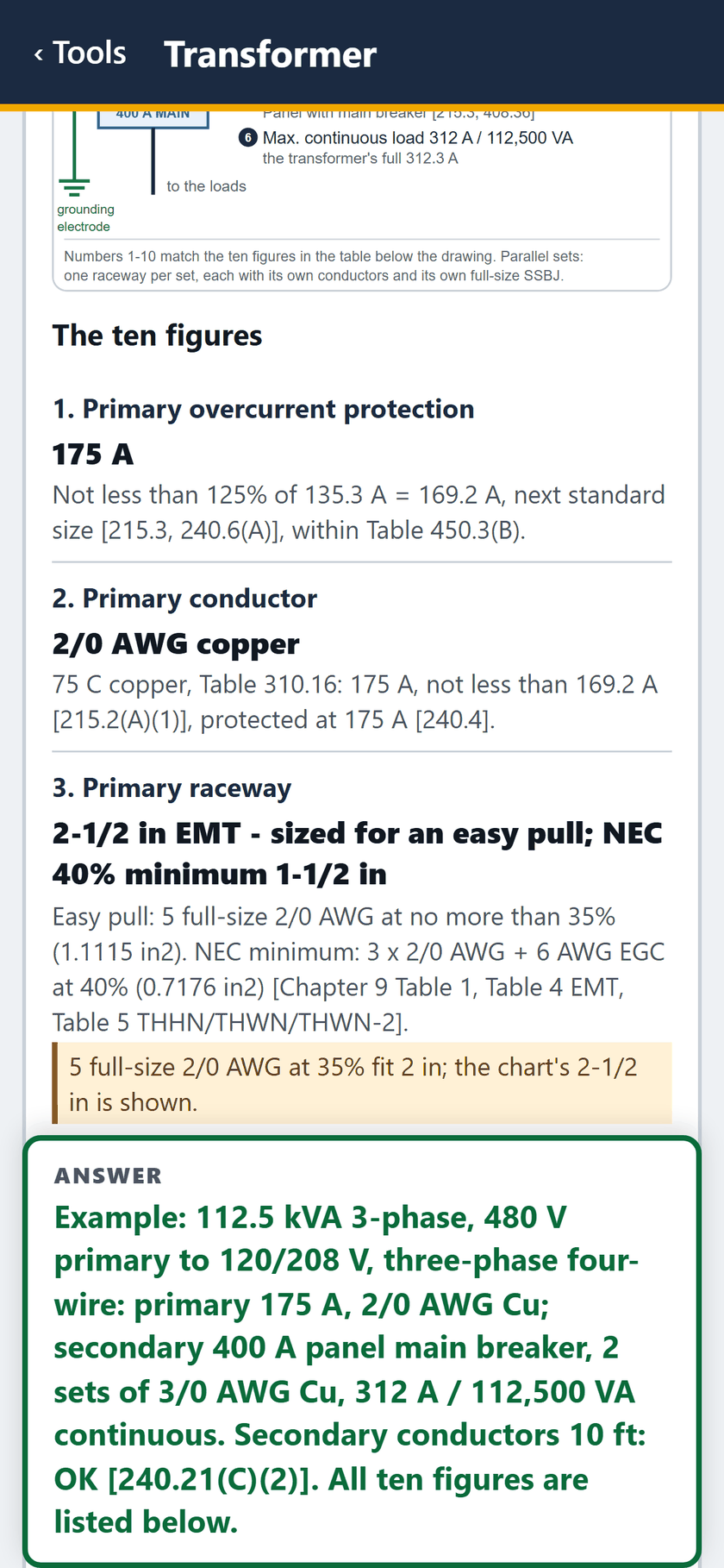 Transformer screen: The ten figures: 175 A primary protection, 2/0 AWG copper, 2-1/2 inch EMT with the NEC 40% minimum of 1-1/2 inch.