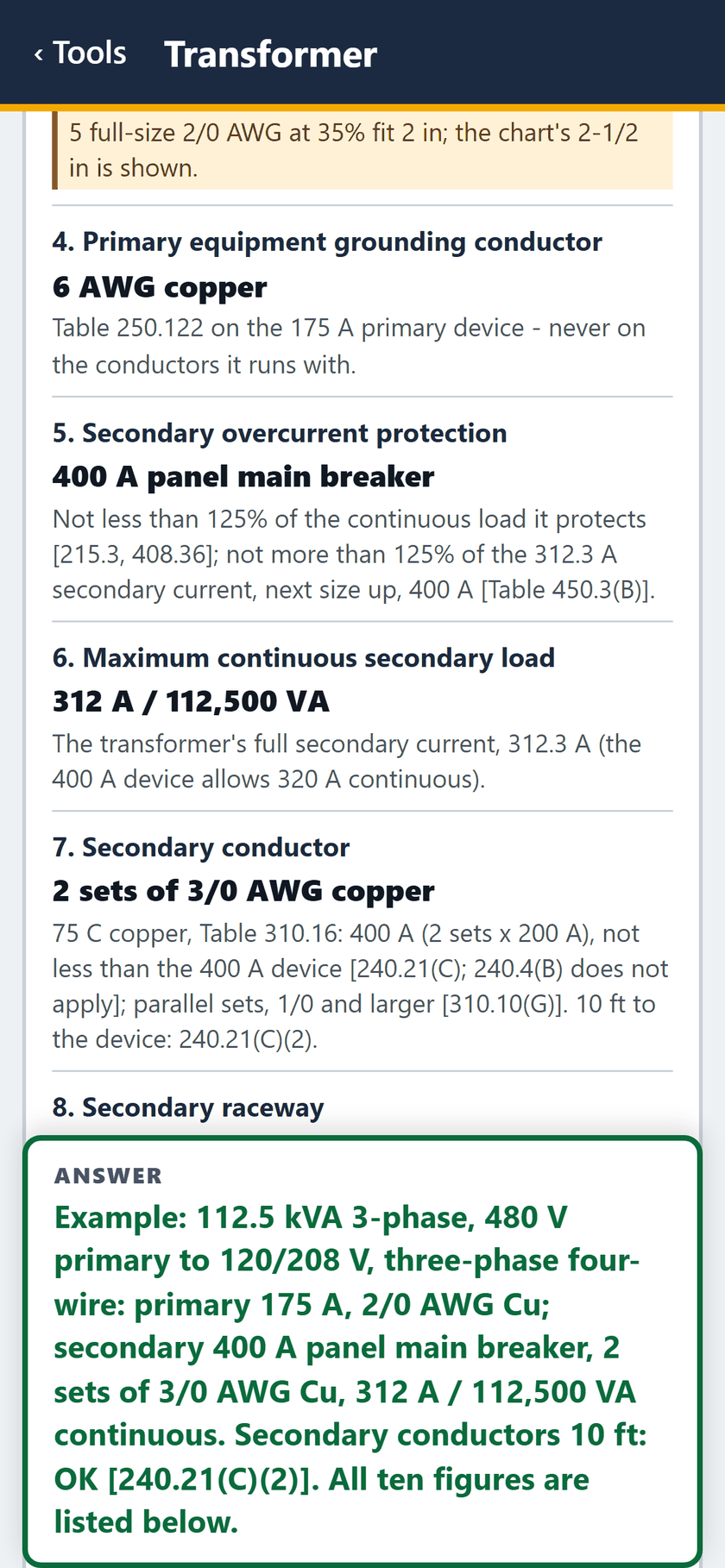 Transformer screen: 6 AWG primary EGC, 400 A panel main breaker, 312 A / 112,500 VA continuous, and 2 sets of 3/0 AWG copper.