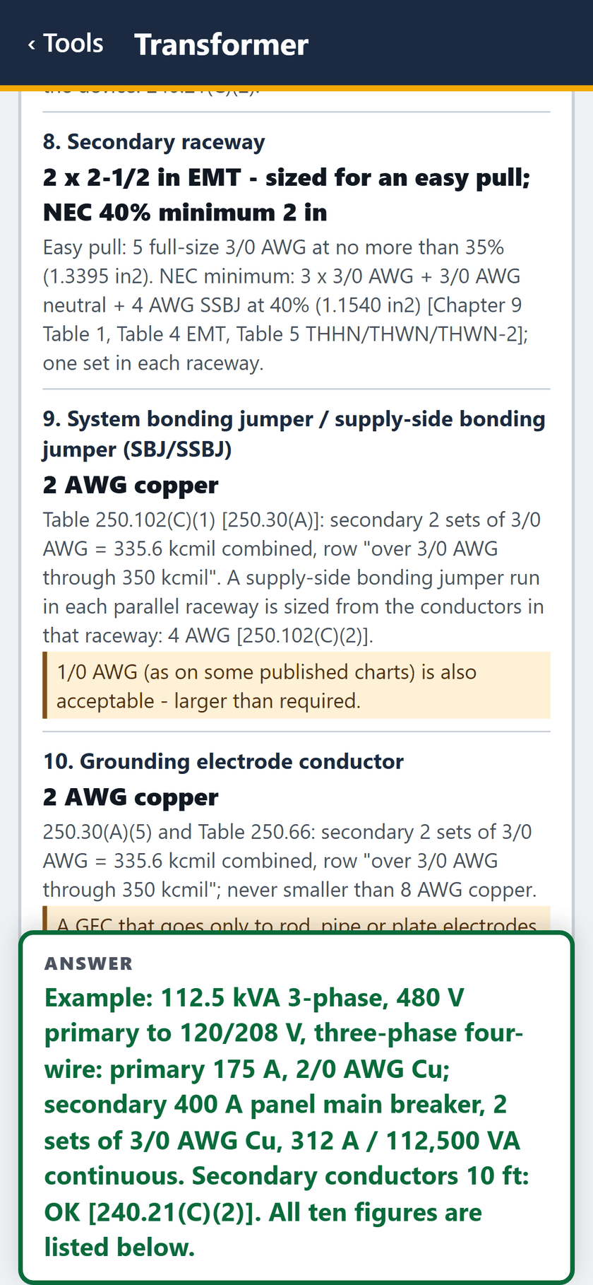 Transformer screen: 2 x 2-1/2 inch EMT, NEC minimum 2 inch. SBJ 2 AWG with a 4 AWG SSBJ in each raceway. GEC 2 AWG copper.
