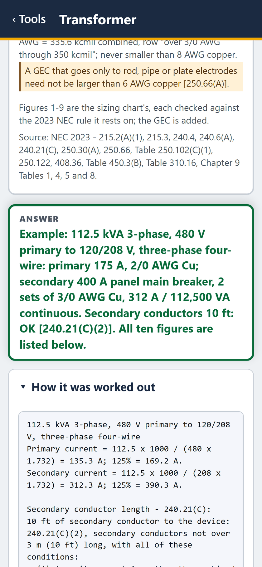 Transformer screen: Figures 1 to 9 checked against the 2023 NEC, the GEC added. The answer, then how it was worked out: 135.3 A and 312.3 A.