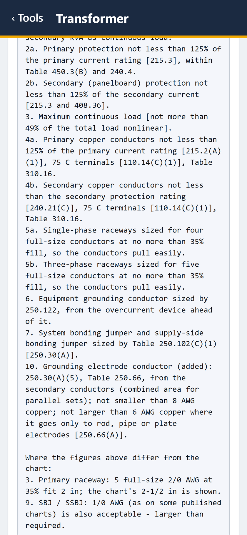 Transformer screen: The chart's notes in 2023 NEC numbering, and where the figures differ from the chart: the primary raceway and the SBJ.
