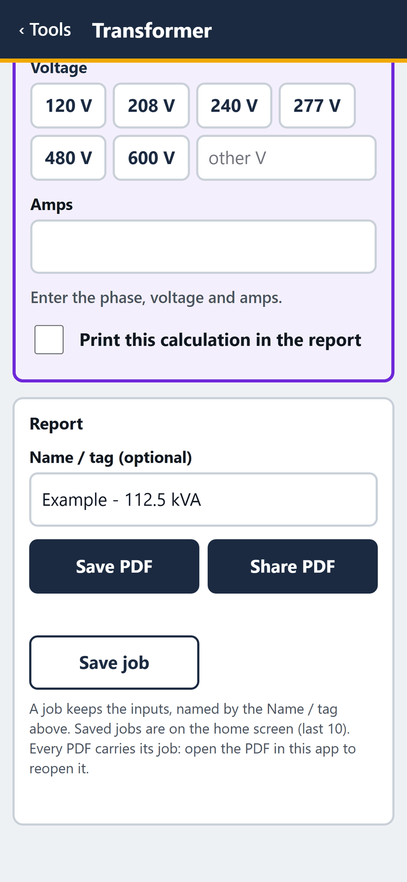 Transformer screen: The report, named Example - 112.5 kVA: save or share the PDF, or save the job.