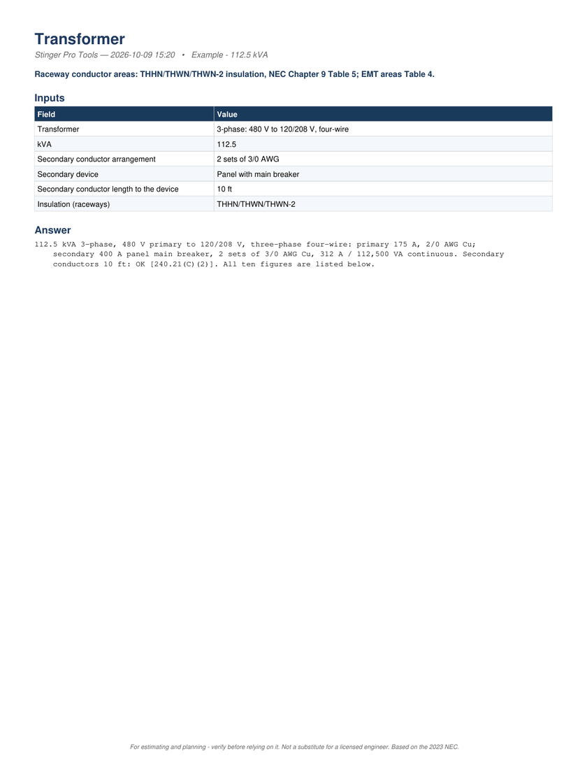 Page 1 of the PDF report: The PDF, page 1: the inputs and the answer, 175 A primary on 2/0, a 400 A main on 2 sets of 3/0, 10 ft OK.