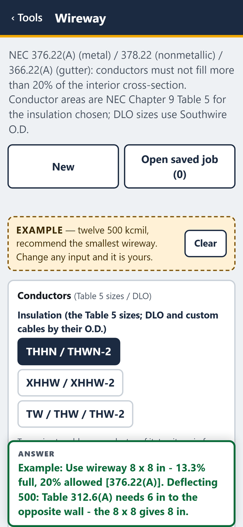 Wireway screen: The example opens filled in: twelve 500 kcmil THHN, with the answer pinned at the foot of the screen.