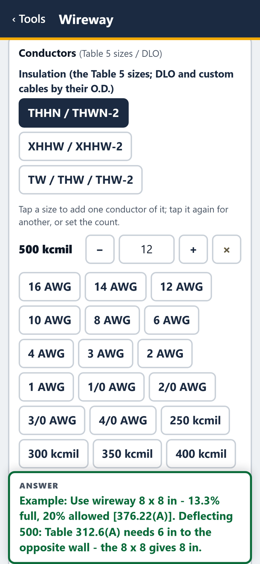 Wireway screen: The conductors: THHN / THWN-2 insulation, 500 kcmil, count 12. Tap a size to add one.