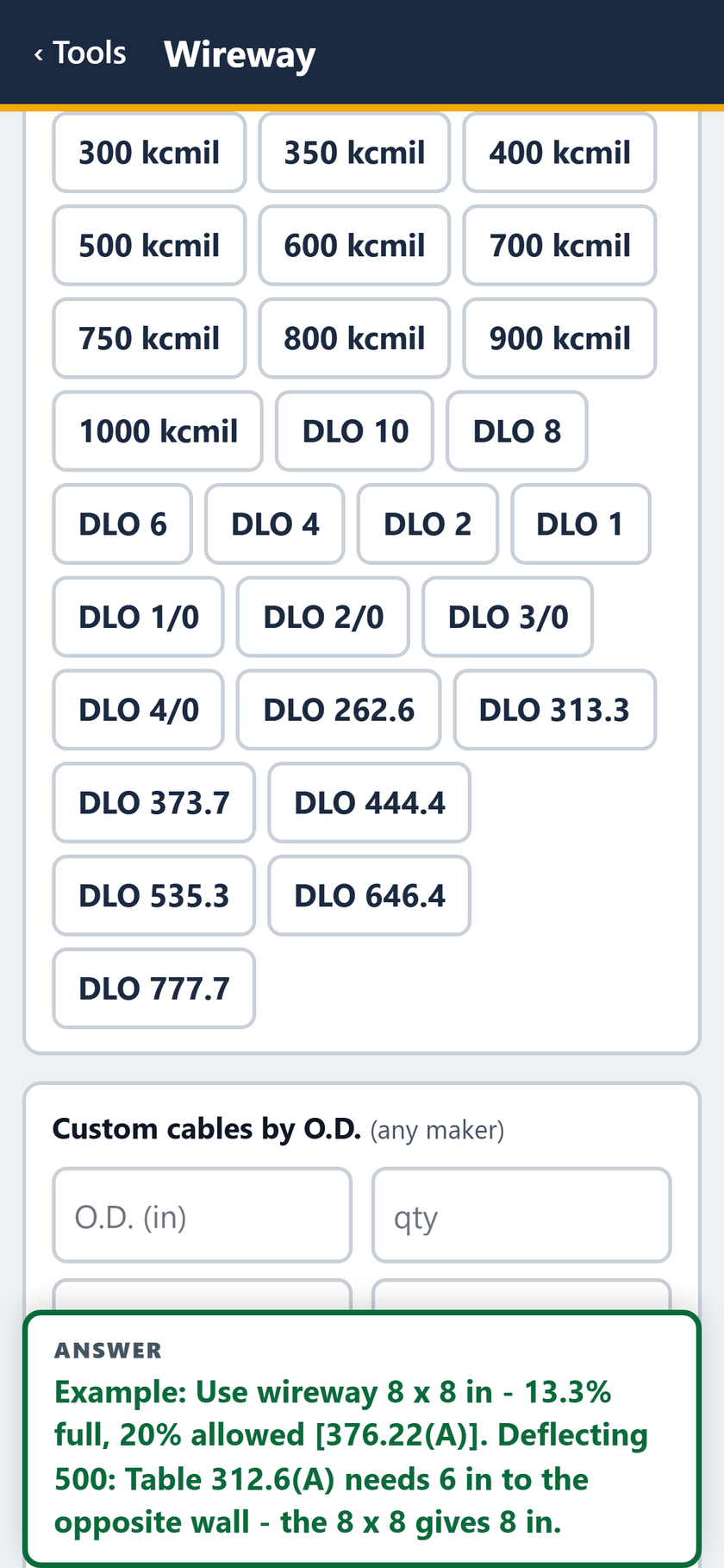 Wireway screen: The rest of the sizes, to 1000 kcmil, and DLO sizes from DLO 10 to DLO 777.7.
