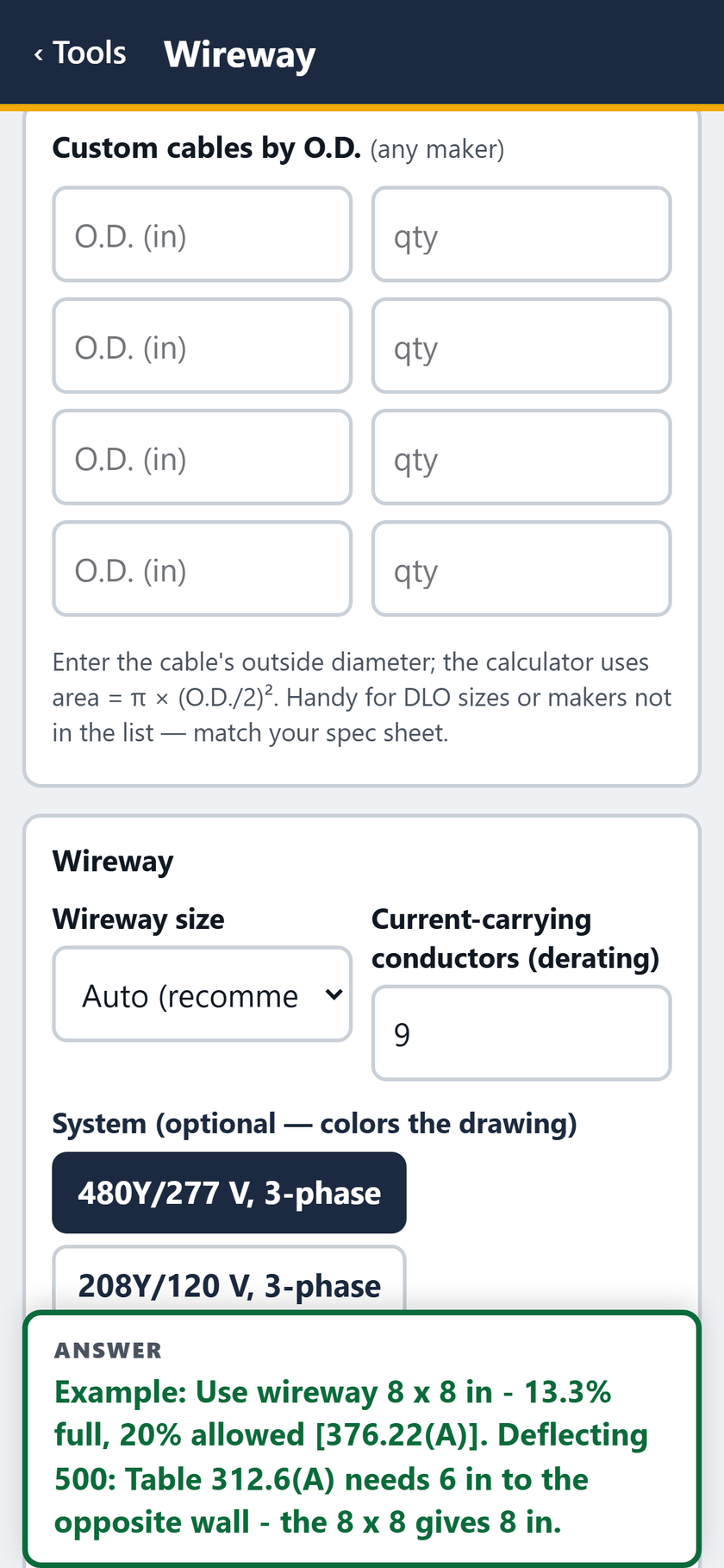 Wireway screen: Custom cables by O.D., any maker. Wireway size Auto, 9 current-carrying conductors, 480Y/277 V.