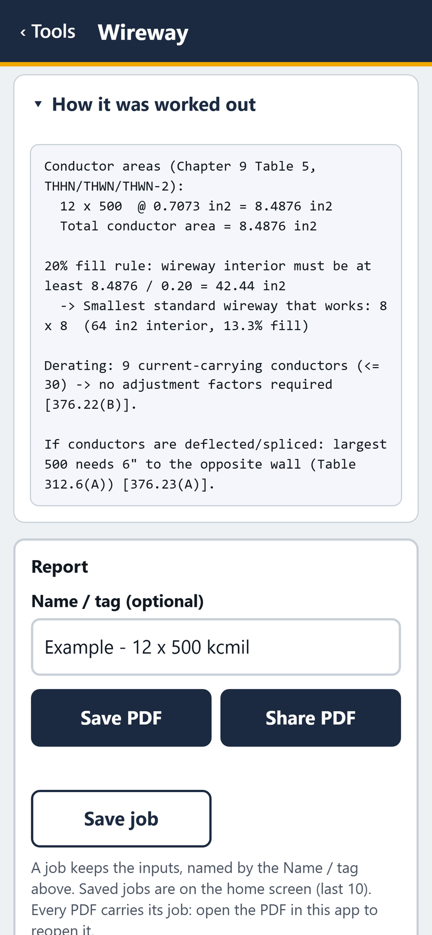 Wireway screen: 12 x 500 at 0.7073 in2 = 8.4876 in2, at least 42.44 in2 interior: the 8 x 8. Then the report card.