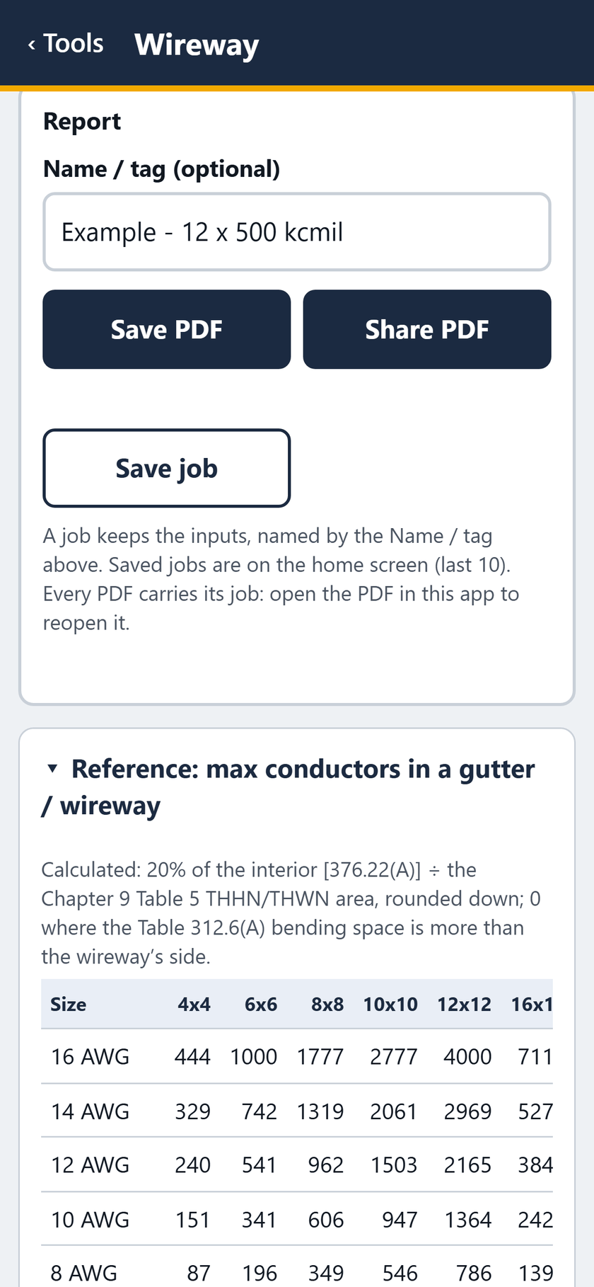 Wireway screen: Save or share the PDF, or save the job. Below, the reference table of max conductors in a gutter or wireway.