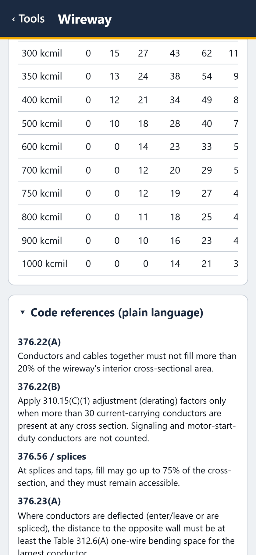 Wireway screen: The table, 300 to 1000 kcmil: 0 in the 4x4, 18 of 500 kcmil in the 8x8. Then the code references.