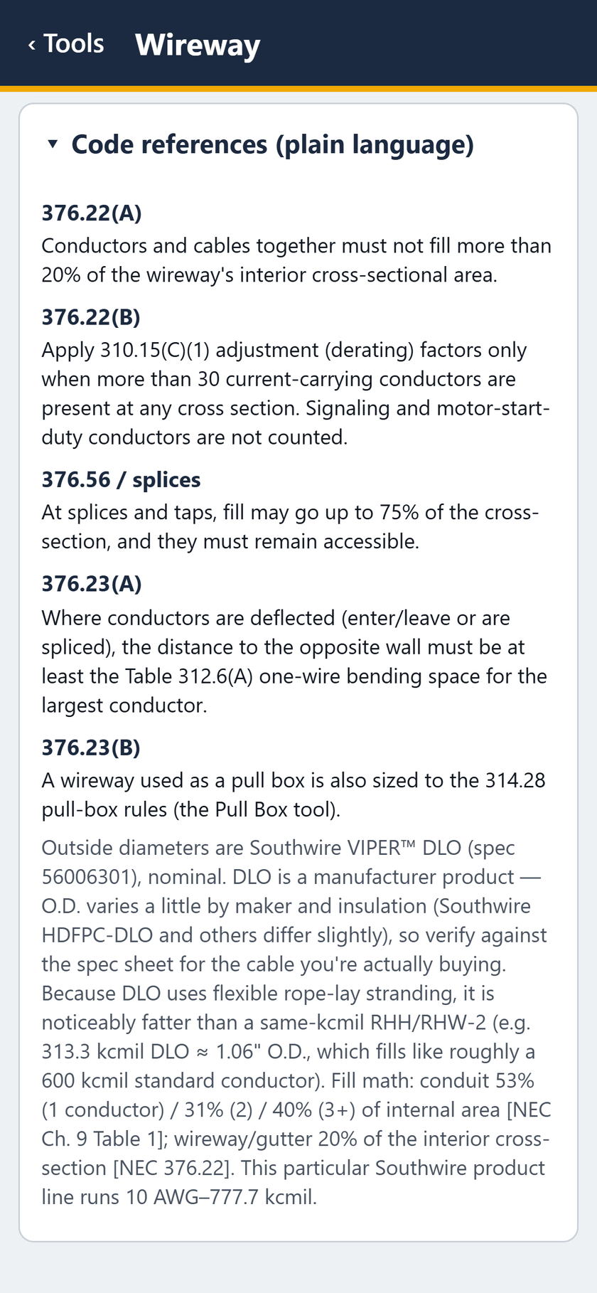 Wireway screen: Code references in plain language: 376.22(A), 376.22(B), 376.56, 376.23(A) and (B), and the Southwire VIPER DLO note.