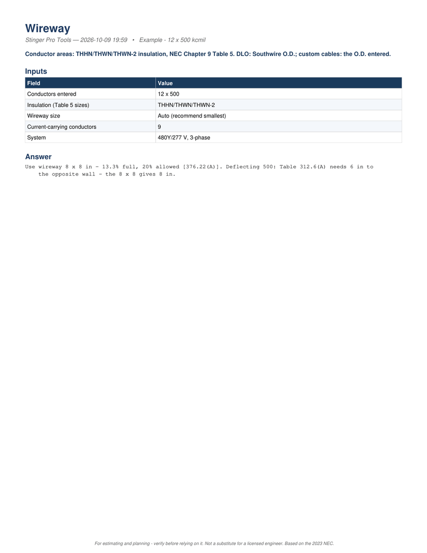 Page 1 of the PDF report: The PDF, page 1: the inputs, 12 x 500 THHN, and the answer, an 8 x 8 in wireway, 13.3% full, 20% allowed.