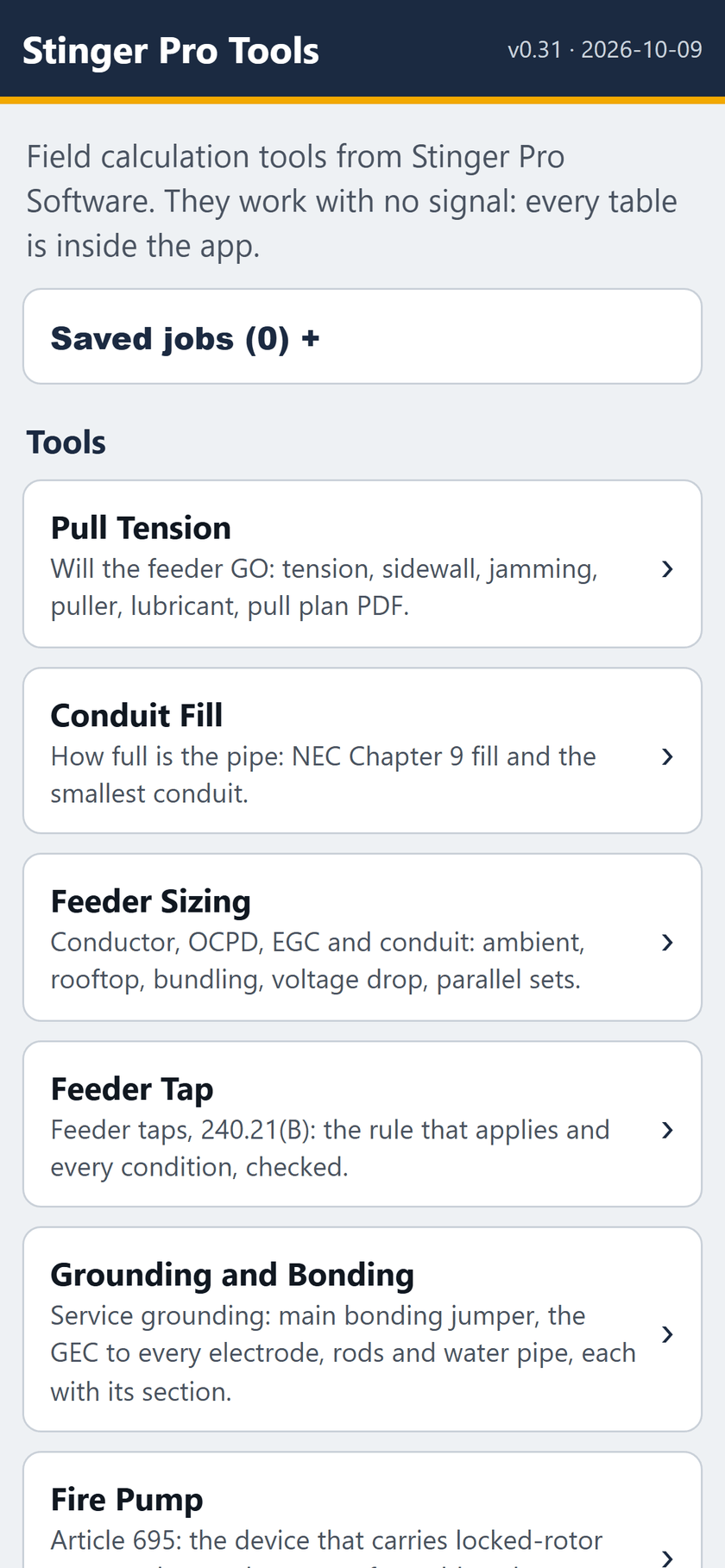 Stinger Pro Tools screen: The home screen: saved jobs, then the tools, each with one line on what it does.