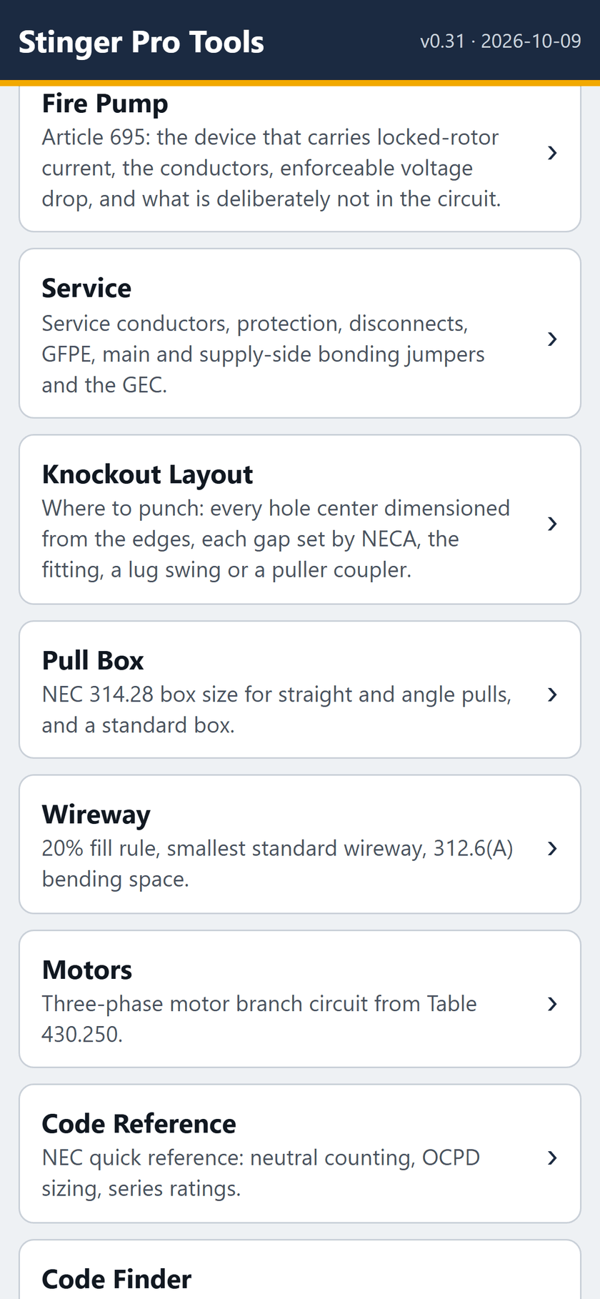 Stinger Pro Tools screen: The tools in order: Fire Pump, Service, Knockout Layout, Pull Box, Wireway, Motors, Code Reference.