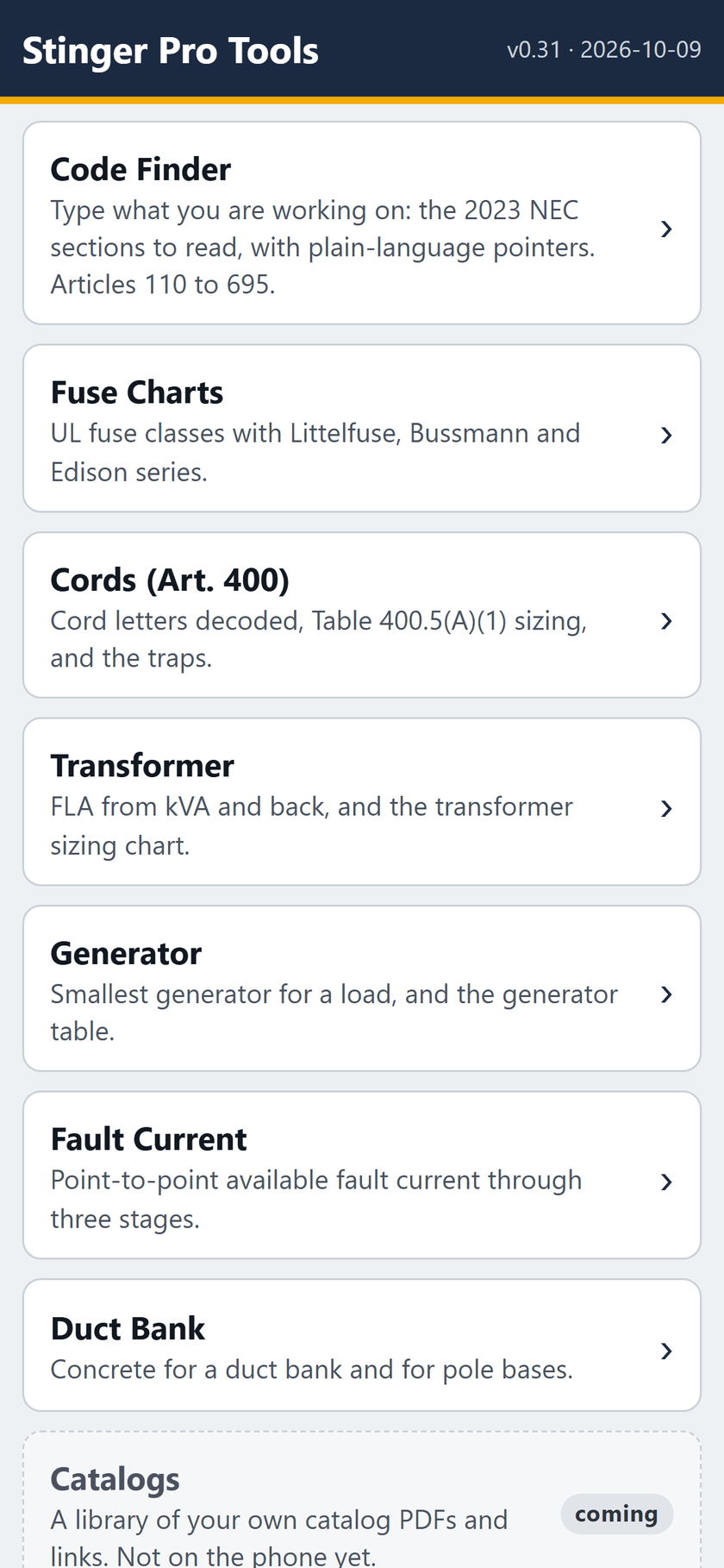 Stinger Pro Tools screen: Code Finder to Duct Bank, then Catalogs, marked coming.