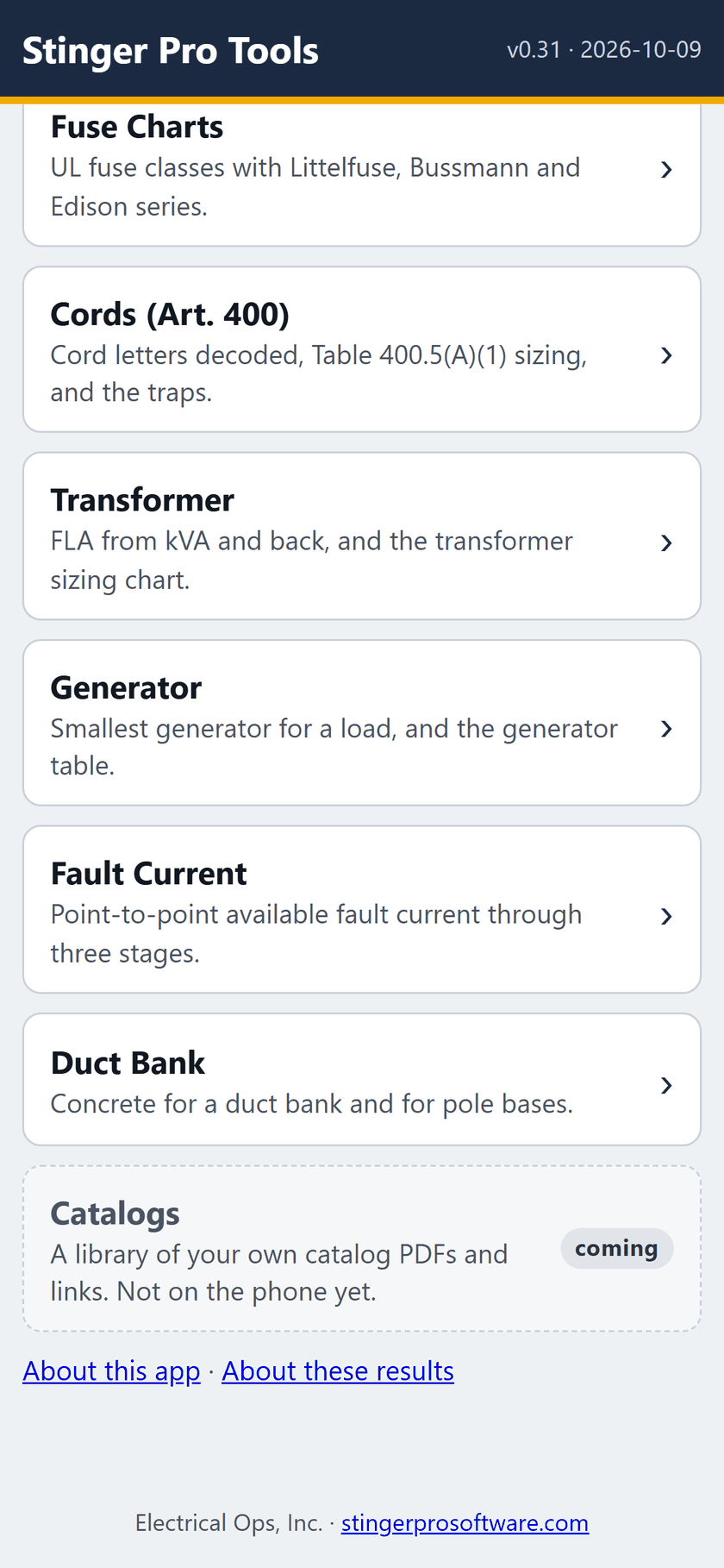 Stinger Pro Tools screen: The end of the list, and the links to About this app and About these results.
