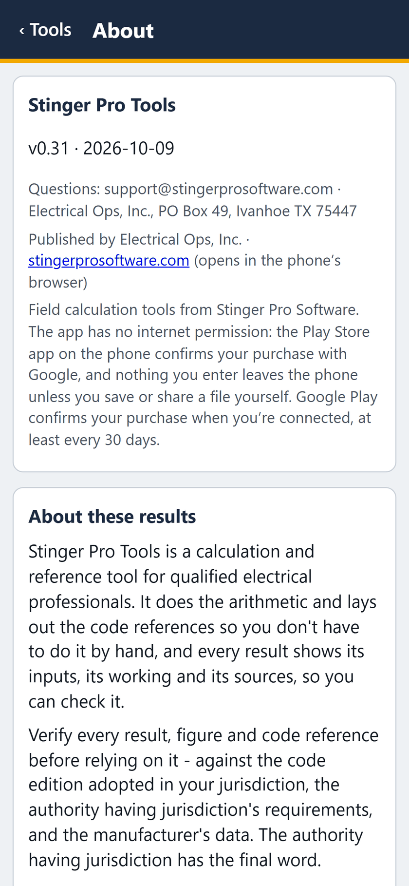 Stinger Pro Tools screen: About: the version, how to reach us, and how the purchase is confirmed without internet permission.