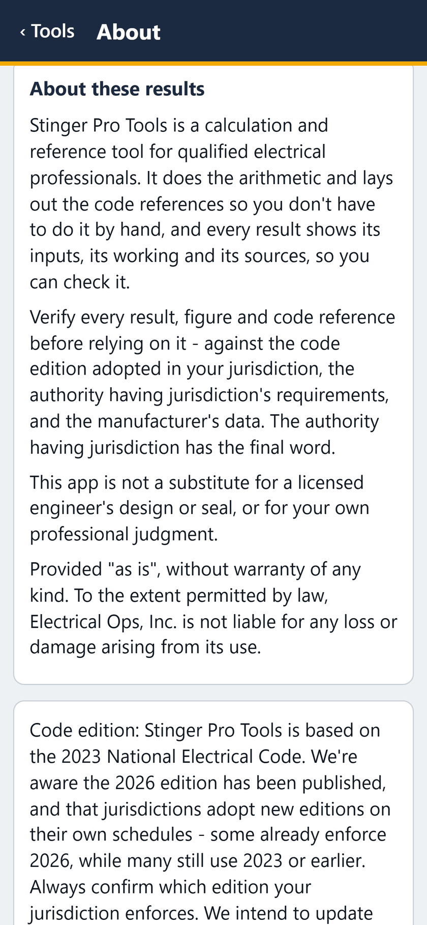 Stinger Pro Tools screen: About these results: verify every result before relying on it. Not a substitute for a licensed engineer.