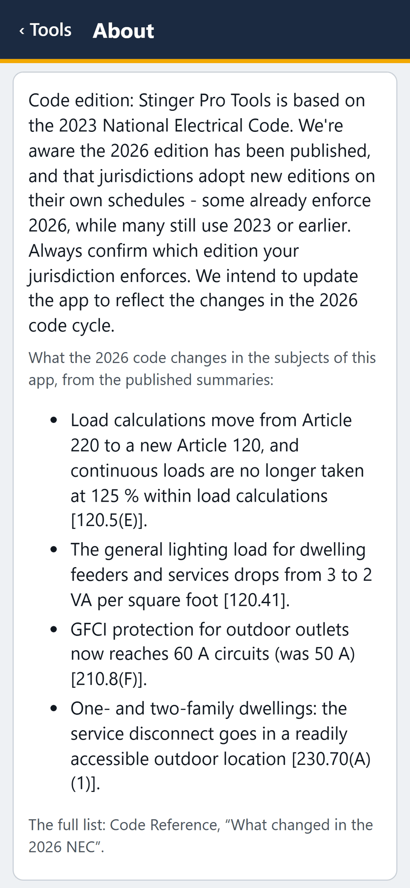 Stinger Pro Tools screen: The code edition: based on the 2023 NEC, and what the 2026 code changes in the subjects of the app.