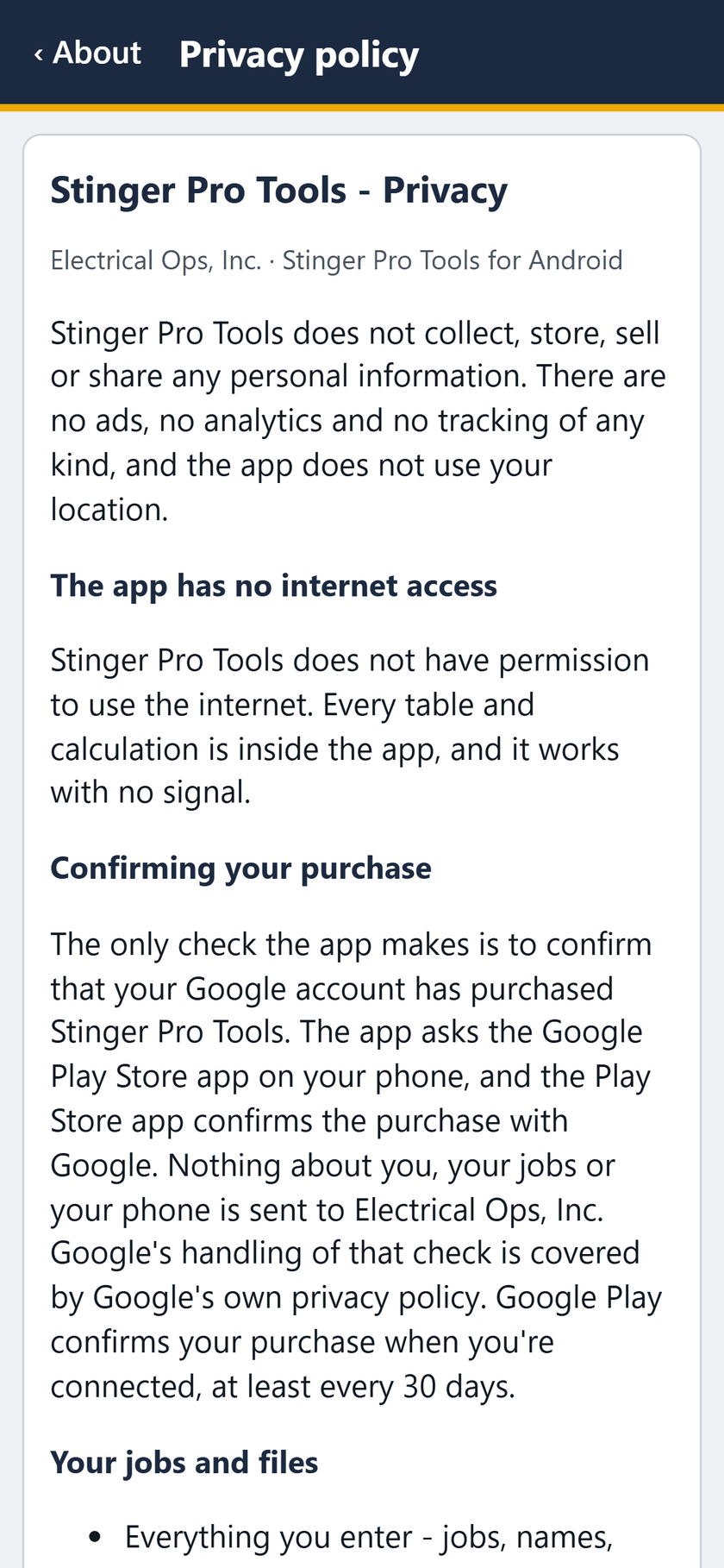 Stinger Pro Tools screen: The privacy policy: nothing collected, no internet access, and how the purchase is confirmed.