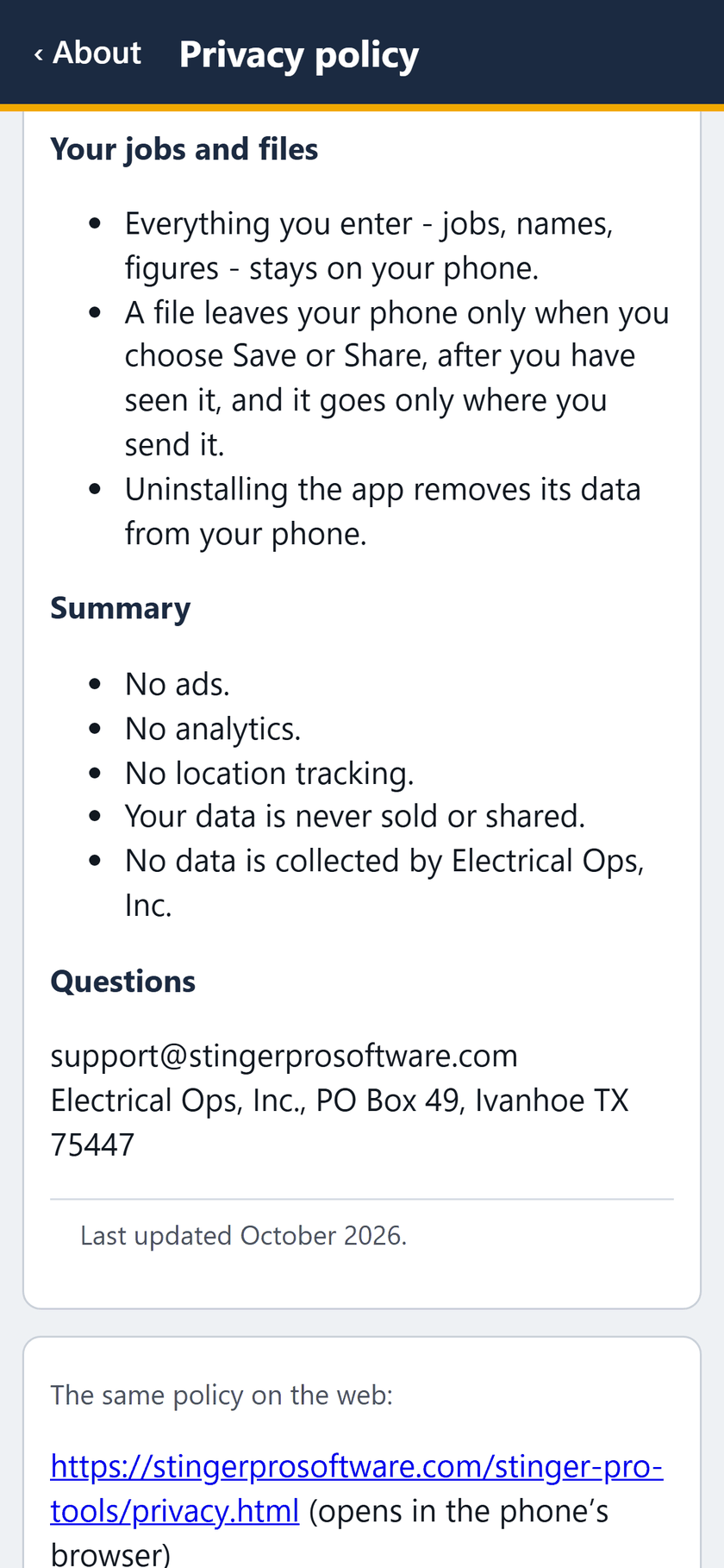 Stinger Pro Tools screen: Your jobs and files stay on the phone. The summary, and how to reach us.